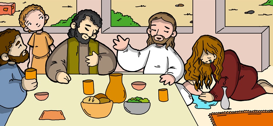 Una dona pecadora ungeix els peus de Jesús mentre menjava a casa d’un fariseu